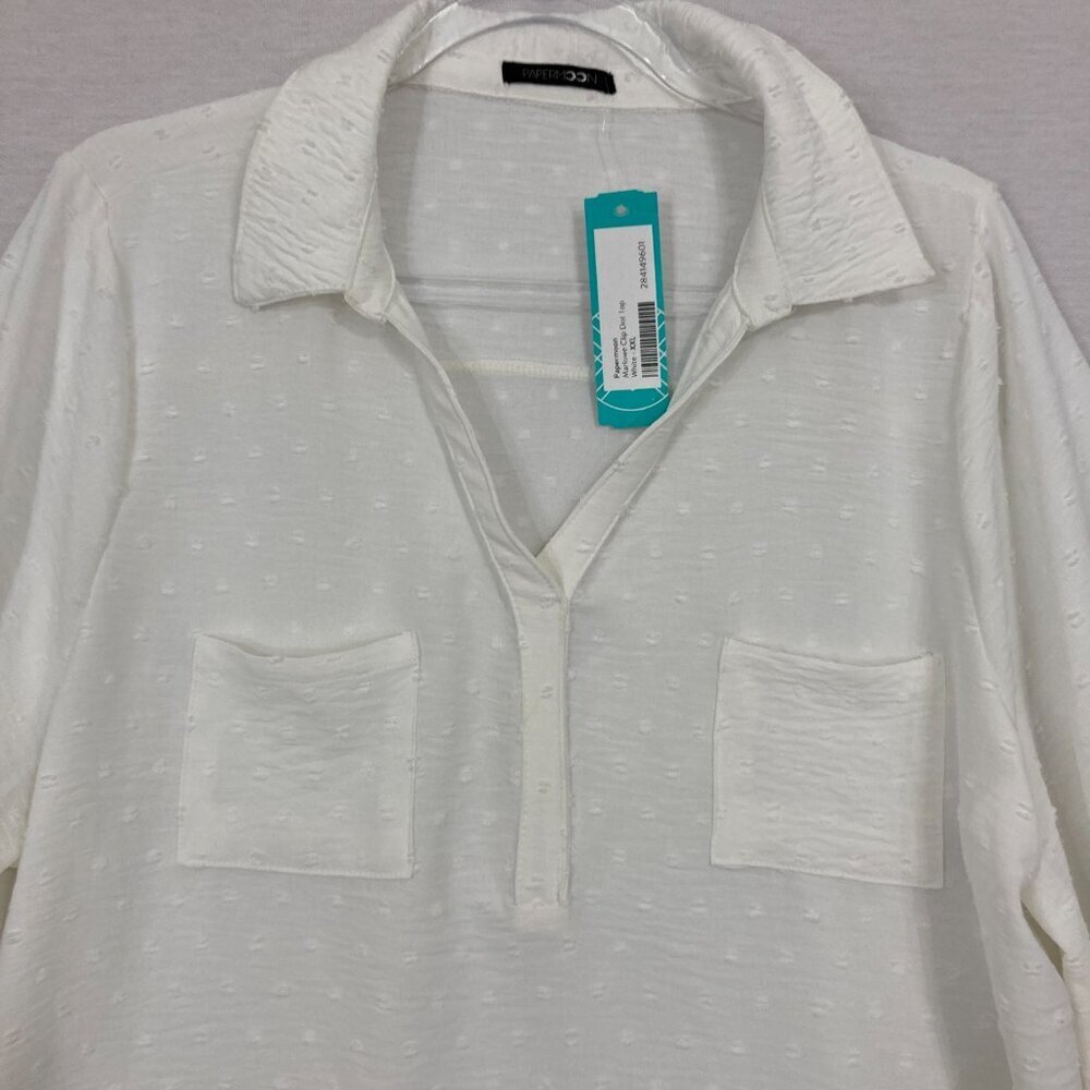 New Papermoon White Swiss Dot 3/4 Sleeve V‎ Neck Preppy Popover Top XXL Office - Picture 5 of 10